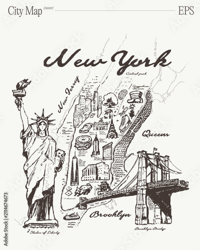 Hand Drawn New York City Map With Statue Of Liberty And Brooklyn Bridge, Sketch Illustration