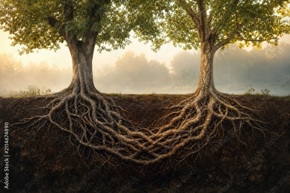 Fototapeta premium Two separate trees share one intertwined root system beneath the soil, showing how true friendship grows from a shared foundation.
