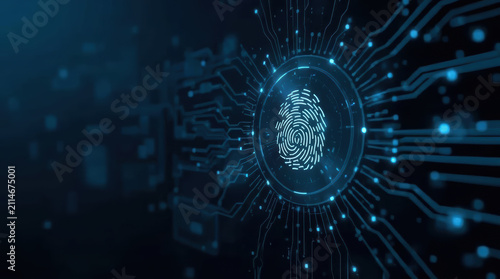 Digital fingerprint glowing blue circuit network conveying secure identity verification