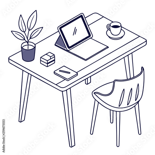 Modern desk with tablet, coffee cup, notebook, and plant  