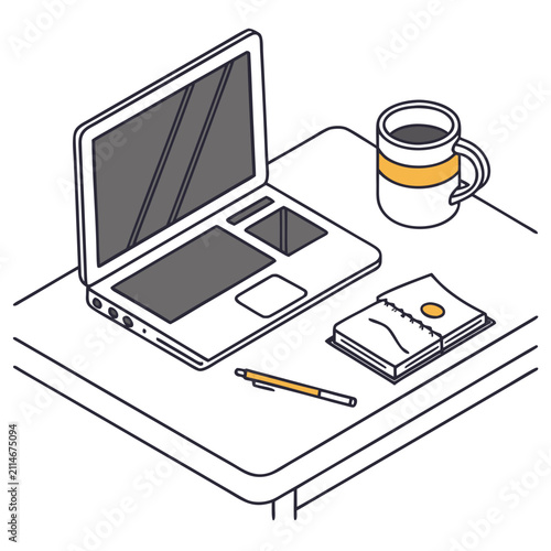 Modern workspace with laptop, notebook, pen, and coffee mug  