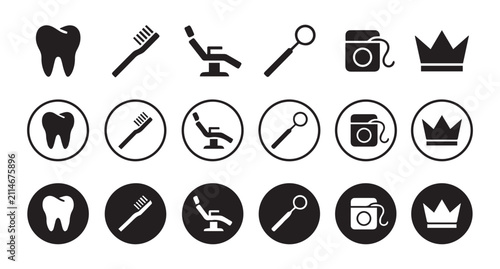 Cuadro en lienzo Dental Icons Set Featuring Tooth Toothbrush Chair Mirror Camera And Crown