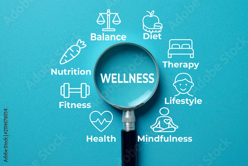 Wellness and holistic health concept. A magnifying glass focusing on the word wellness surrounded by lifestyle icons on a blue background. Mindfulness, fitness, nutrition and self-care.
