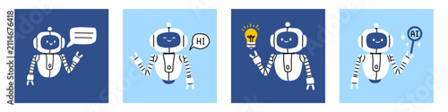 Vector set of cute AI robot characters with speech bubble, hello message, light bulb and search icon. Robot assistant for artificial intelligence chatbot. Flat technology illustration.