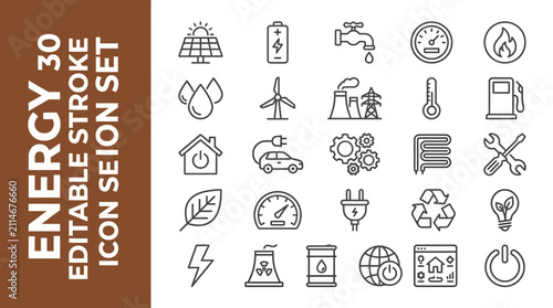 фотографія Minimalist energy stroke icons featuring solar panels, wind turbines, fuel pumps, water taps, plugs, bulbs, gears, leaves, sustainability