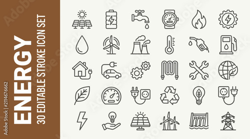 фотографія Minimalist energy stroke icons featuring solar panels, wind turbines, batteries, electric cars, recycling, light bulbs, lightning bolts, sustainability, power