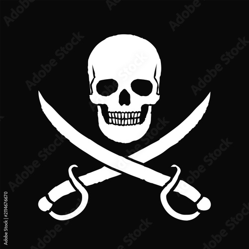 Skull and crossed sabres swords vector art illustration. Pirate flag image. Jolly Roger logo symbol. Human head skeleton icon sign.	