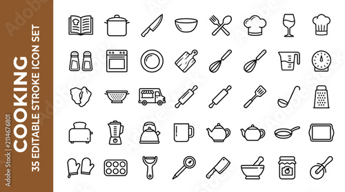 Slika na platnu Minimalist cooking stroke icons featuring cookbook, pot, bowl, chef hat, utensils, oven, timer, blender, teapot, frying pan, rolling pin