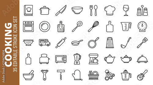 Fotografija Minimalist cooking stroke icons featuring pot, knife, spoon, fork, oven, cutting board, rolling pin, frying pan, grater, kettle, wine glass