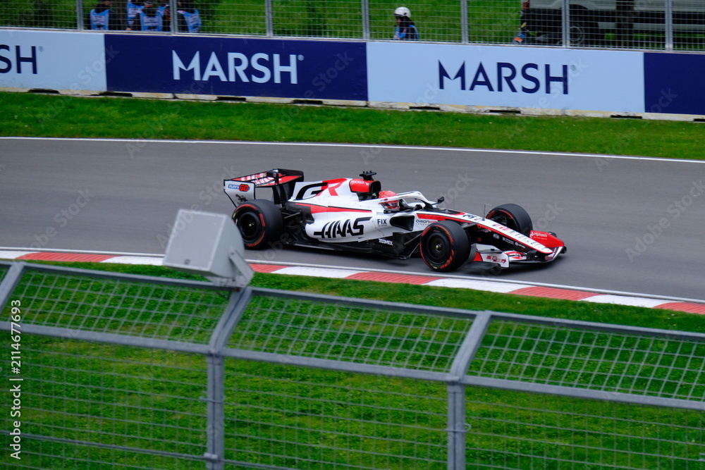 Fototapeta premium May 24, 2026, Montreal, Canada - Haas Formula 1 car on track by Ocon and Bearman at Circuit Gilles Villeneuve. g.