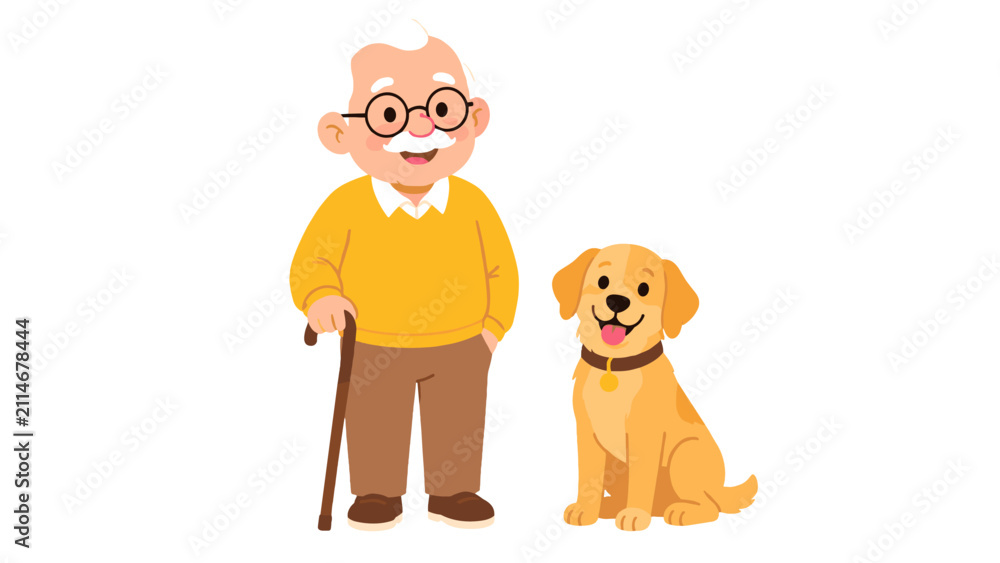 Obraz premium Smiling elderly man with cane standing beside dog illustration
