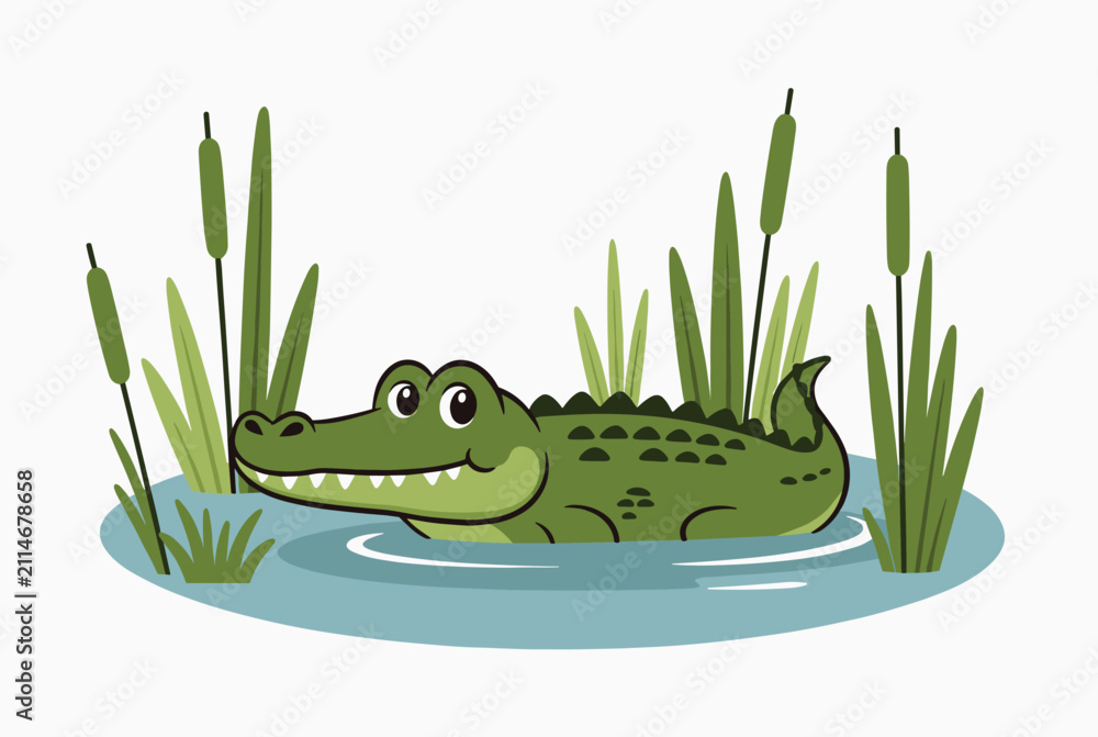 Fototapeta premium Happy cartoon green crocodile swimming peacefully in a swamp lake surrounded by tall green reeds and grass.