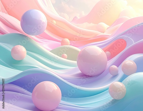 Smooth, pastel-colored waves with floating spheres in a dreamy landscape