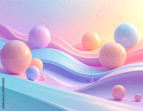 Abstract pastel waves with glowing spheres and sparkling accents
