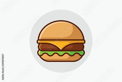Classic cheeseburger fast food icon with beef patty, cheese, and lettuce inside a round grey circle background.