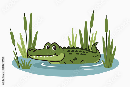 Happy cartoon green crocodile swimming peacefully in a swamp lake surrounded by tall green reeds and grass.
