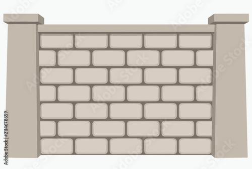 Sturdy grey stone or brick wall fence section with heavy concrete pillars shown in flat design vector illustration.