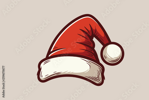 Classic red Santa Claus hat with fluffy white fur trim and a pompom shown in a clean stylized vector drawing.