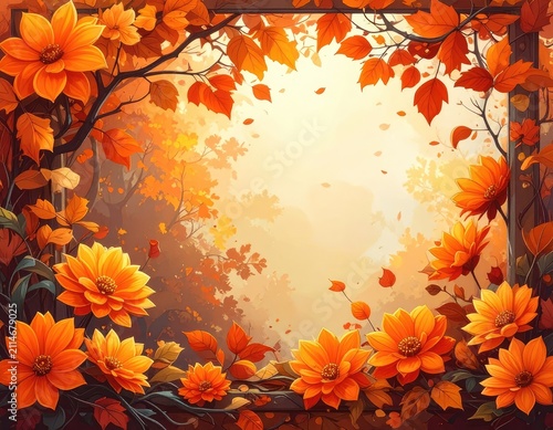 Ornate frame of vibrant orange flowers and autumn leaves against warm light