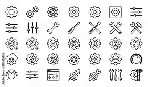 Foto Premium settings, gear, tools, options and configuration line icons set