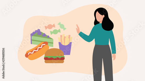 Bild auf Leinwand Woman rejecting unhealthy food, promoting healthy eating and diet choices