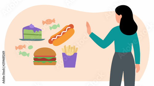 Foto Woman refusing unhealthy fast food and sweets for a healthy lifestyle