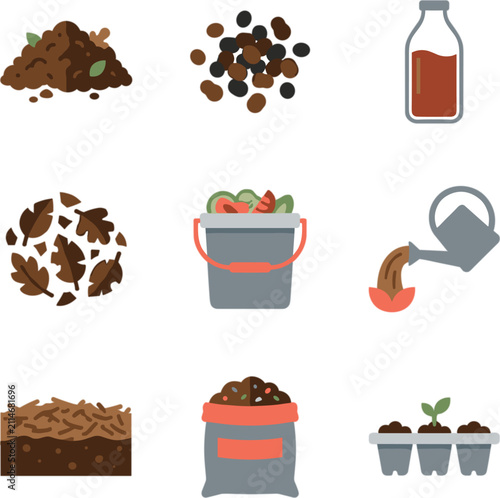 Gardening and composting icons, pile of dirt, scattered seeds, watering can pouring on sprout, bucket with organic waste, leaves, sack of soil, and seedling tray