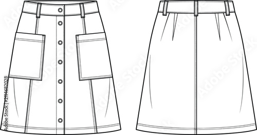 Flat sketch of a casual front button-up denim skirt with utility pockets for apparel design