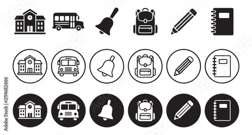 School Supply Icons Black And White Flat Pictograms On White Background