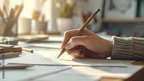 Close-up of Creative Hand Drawing Sketch on Paper with Pencil