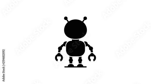 Bild auf Leinwand Simple black silhouette of a cute cartoon robot with antennae and pincer hands standing on a white background, representing artificial intelligence or automation