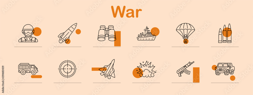 Obraz premium War set icon. Armed soldier, ballistic rocket, optical binoculars, naval battleship, airborne parachute, ammunition cartridges, transport truck, targeting scope, fighter aircraft, destructive blast