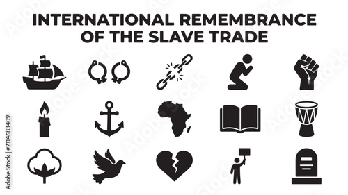 International Remembrance of the Slave Trade icon set, black history and human rights symbols, 15 vector elements for social justice and education