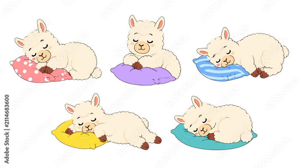 Fototapeta premium Cute sleeping alpaca characters resting on colorful pillows