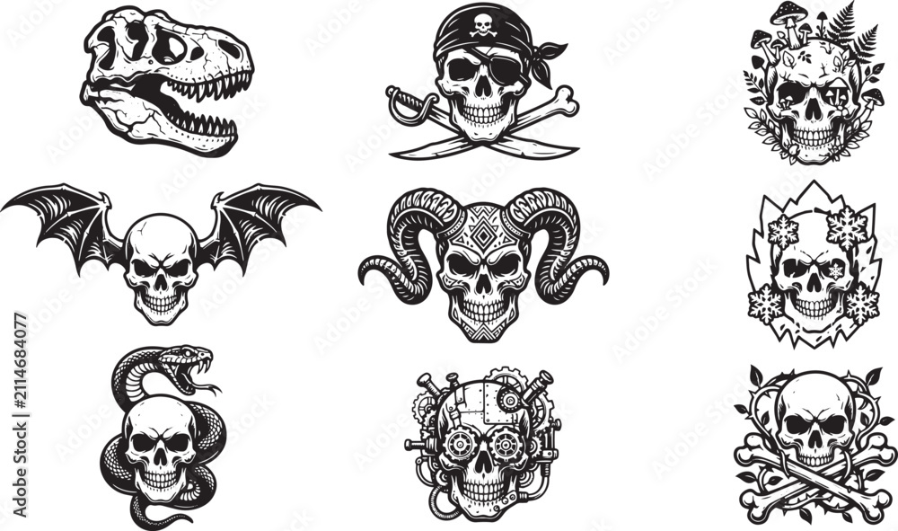 Fototapeta premium Vintage skull illustrations set, 9 black and white gothic skull icons, pirate and occult skeleton head vector graphics for tattoos and apparel