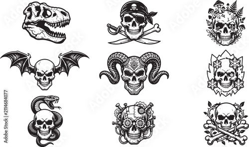 Vintage skull illustrations set, 9 black and white gothic skull icons, pirate and occult skeleton head vector graphics for tattoos and apparel