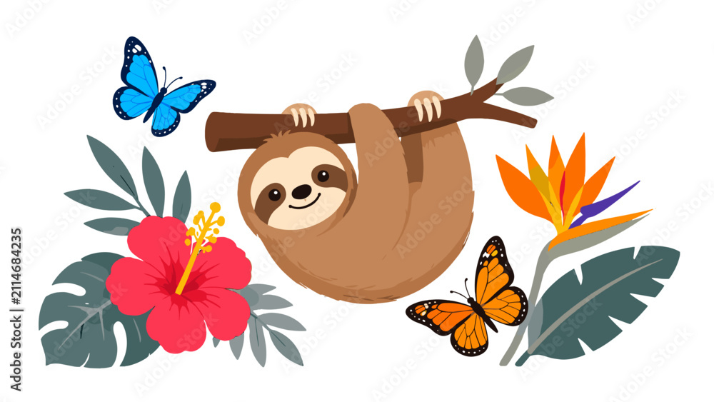 Fototapeta premium Cute sloth hanging from branch with tropical flowers
