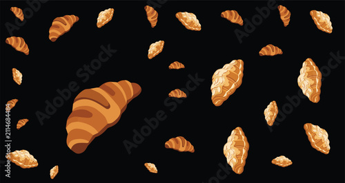 Картината върху платно brown croissants and golden pastries seamless pattern on black background bakery