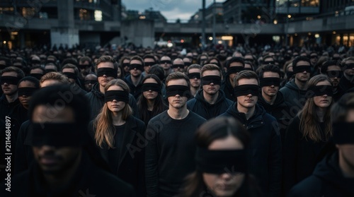 A diverse crowd of people wearing black blindfolds standing together.