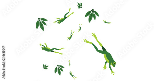Obraz na plátně green frog leaping among tropical leaves isolated on black background vibrant am