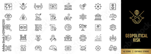 Bild auf Leinwand Geopolitical risk and diplomacy line icon set, editable stroke