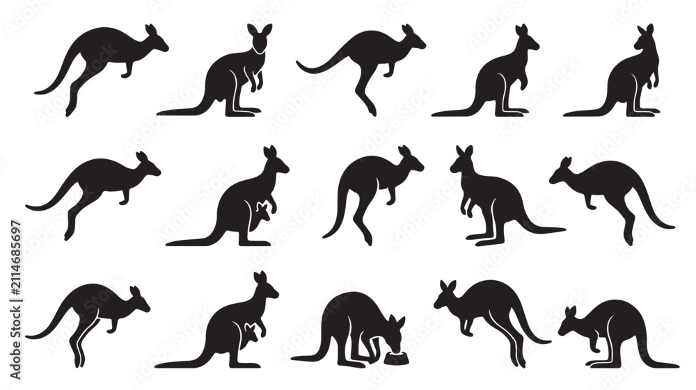 Fototapeta premium Kangaroo silhouette vector set, 15 black Australian animal icons. Jumping wallaby silhouettes for nature logos and travel branding.