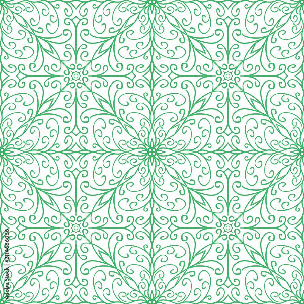Fototapeta premium Intricate seamless ornament in fresh green and white, combining botanical curls, mirrored leaves, floral centers, and decorative tile-like symmetry.