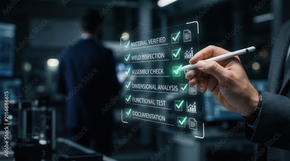 Fototapeta premium An inspector marking a virtual QA QC task list for quality control checklist concept.