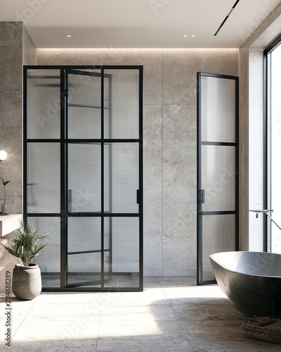 Reeded Glass Shower in Gray Tiled Bathroom