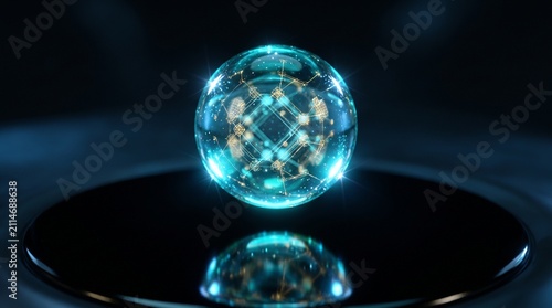 Futuristic AI Brain Global Network Concept within Glowing Sphere with Reflection