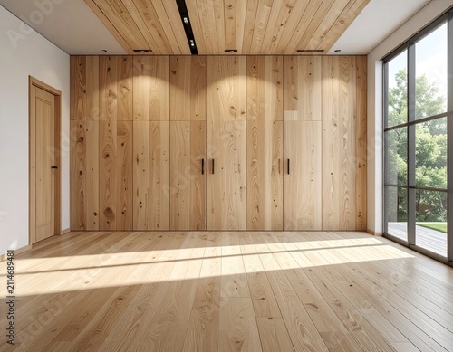 Bright, minimalist room with natural wood paneling, doors, and floors