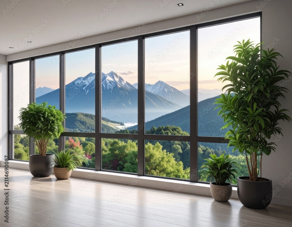 Fototapeta premium Modern interior with large windows framing a breathtaking mountain vista