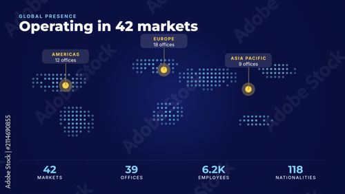 Abstract dotted world map infographic with location markers and stats