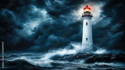 A lone lighthouse stands resolute amidst a stormy sea